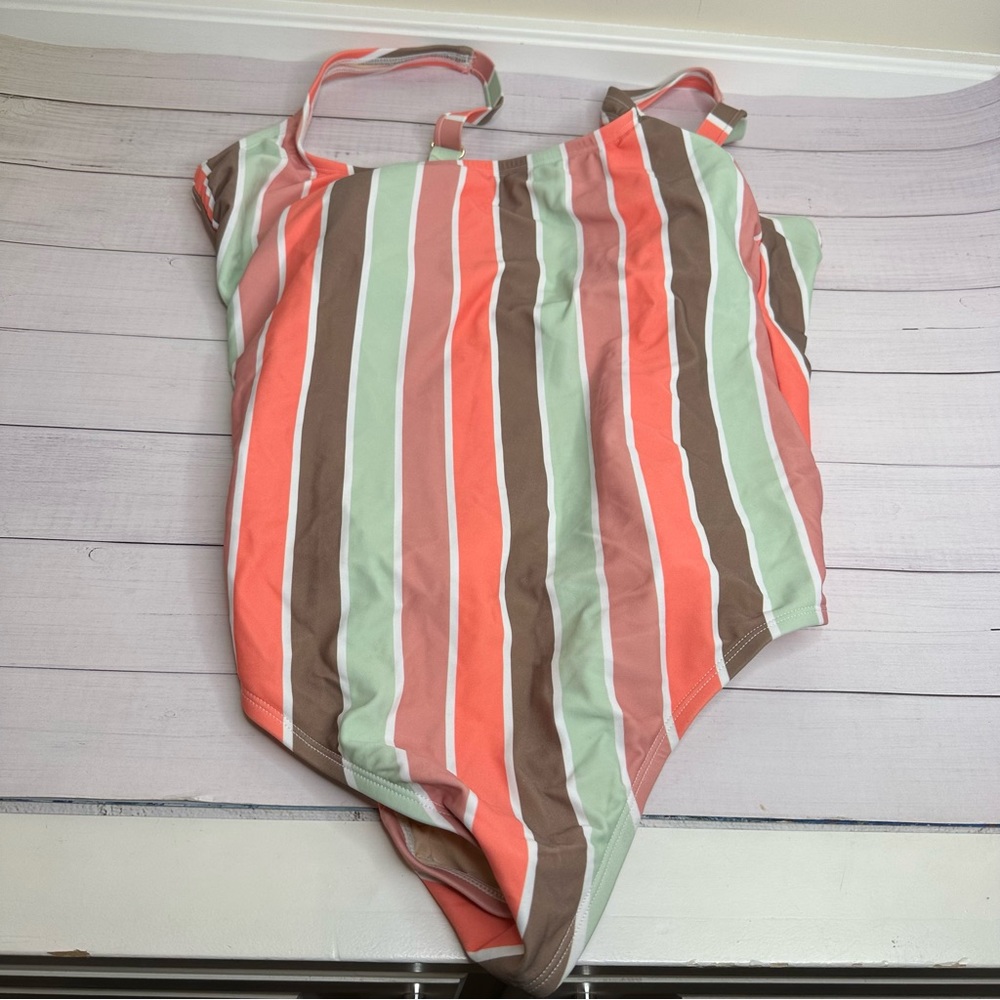 Kona Sol Coral and Mint Striped One Piece Swimsuit